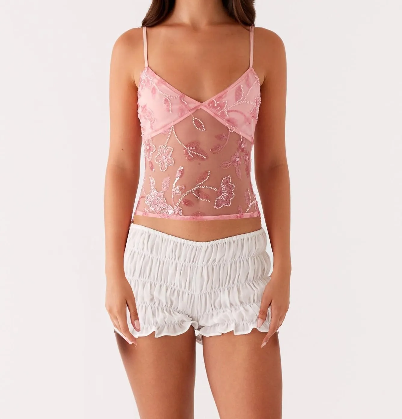 Women Y2k Floral Sequin Tank Top Glitter Embroidered Mesh Camisole Sparkly Halter Neck Backless Cami Crop Tops