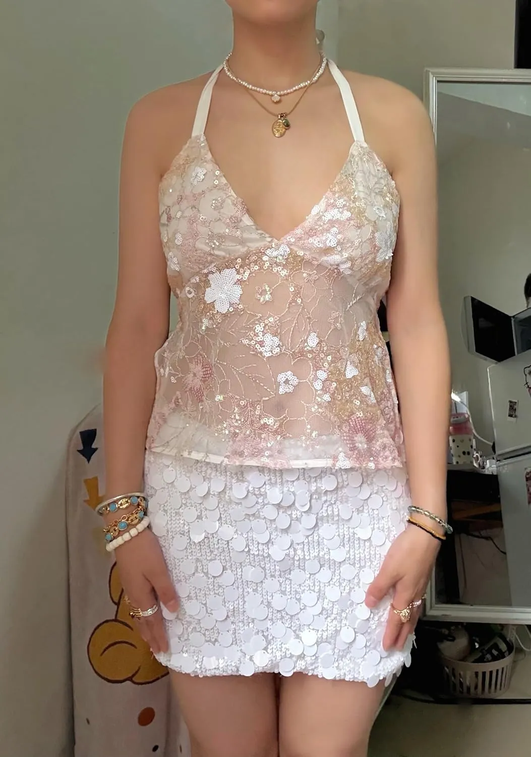 Women Y2k Floral Sequin Tank Top Glitter Embroidered Mesh Camisole Sparkly Halter Neck Backless Cami Crop Tops