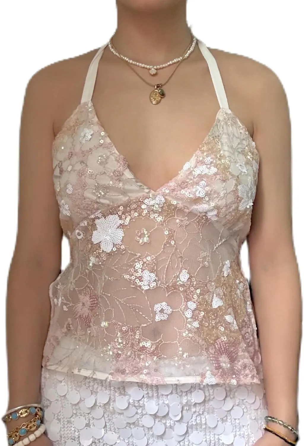 Women Y2k Floral Sequin Tank Top Glitter Embroidered Mesh Camisole Sparkly Halter Neck Backless Cami Crop Tops