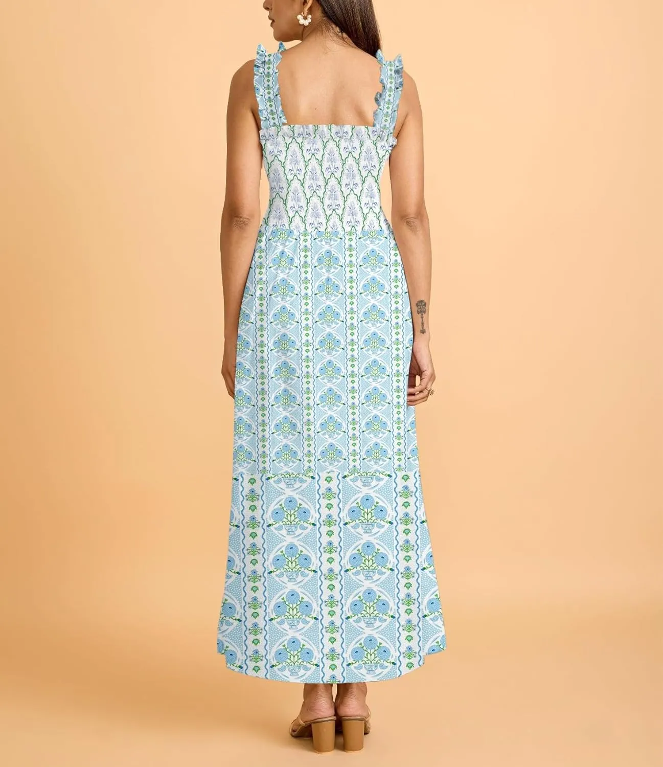 Women Y2k Floral Smocked Maxi Dress Ruffle Strap Square Neck Tiered Flowy Long Dress A Line Boho Beach Sundress