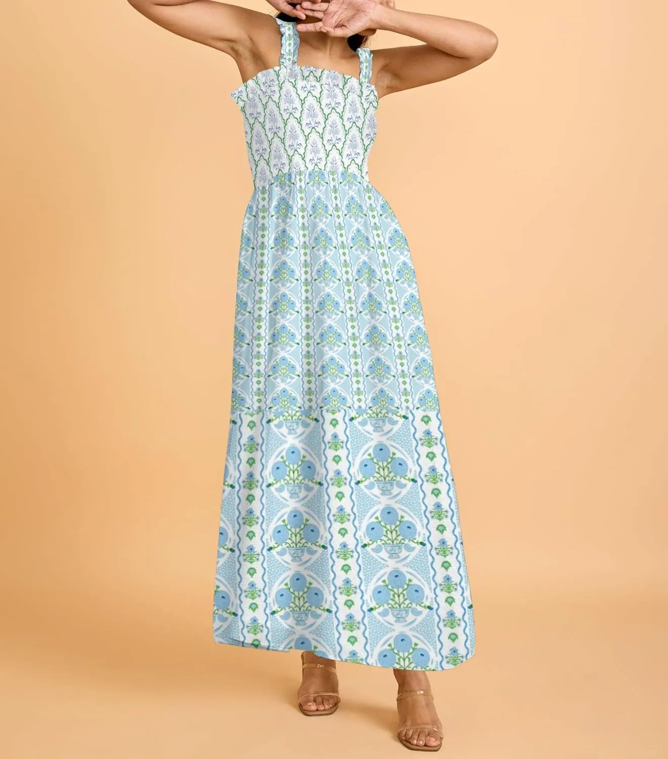Women Y2k Floral Smocked Maxi Dress Ruffle Strap Square Neck Tiered Flowy Long Dress A Line Boho Beach Sundress