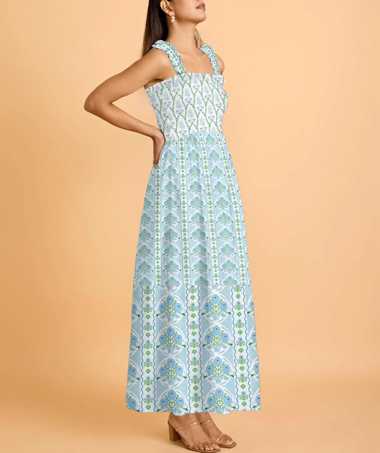 Women Y2k Floral Smocked Maxi Dress Ruffle Strap Square Neck Tiered Flowy Long Dress A Line Boho Beach Sundress