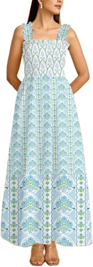 Women Y2k Floral Smocked Maxi Dress Ruffle Strap Square Neck Tiered Flowy Long Dress A Line Boho Beach Sundress