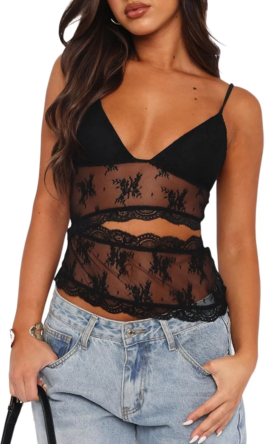Women Y2K Lace Cami Crop Top Sleeveless Backless Spaghetti Strap Slim Tank Tops Sexy Mesh Floral Lace Camisoles
