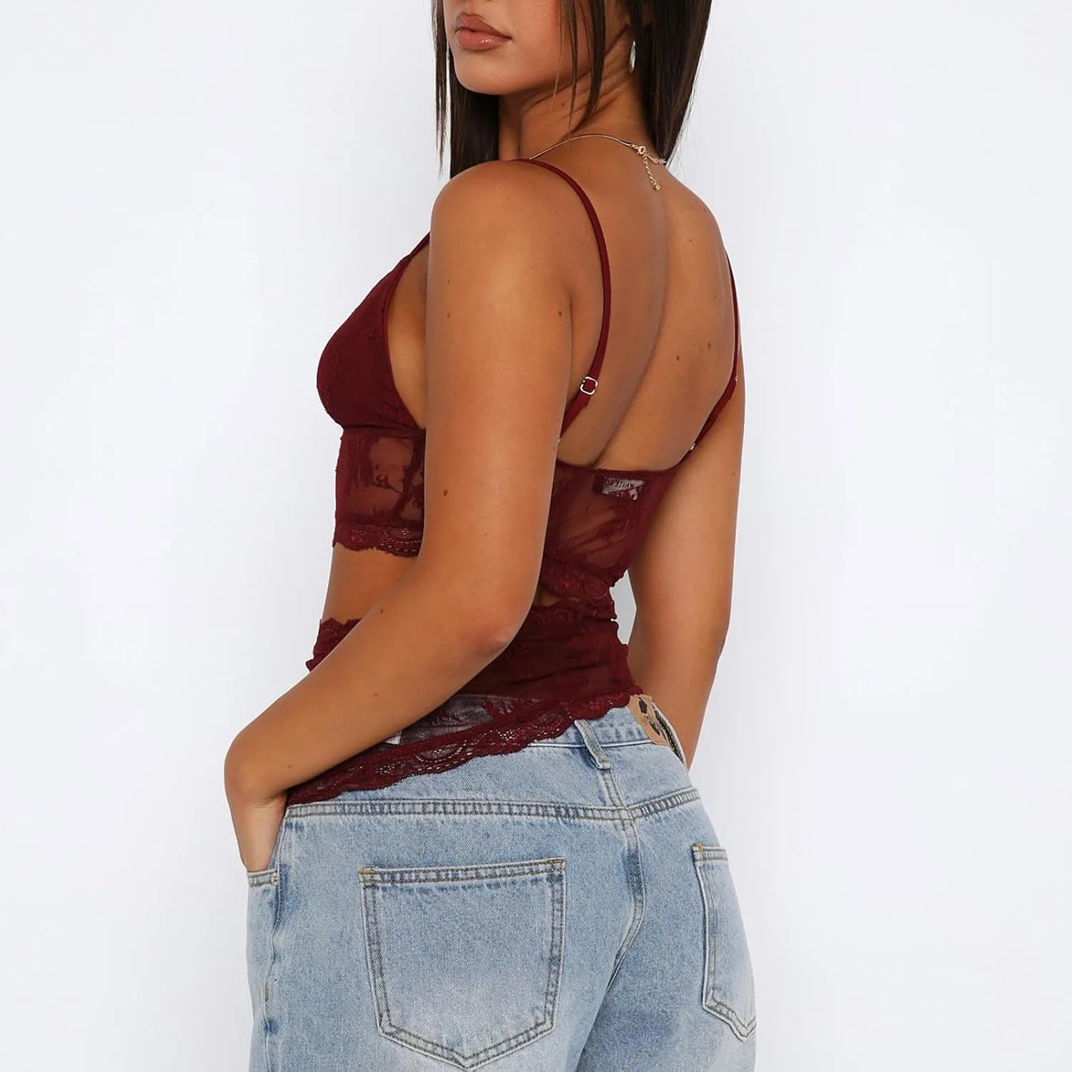 Women Y2K Lace Cami Crop Top Sleeveless Backless Spaghetti Strap Slim Tank Tops Sexy Mesh Floral Lace Camisoles