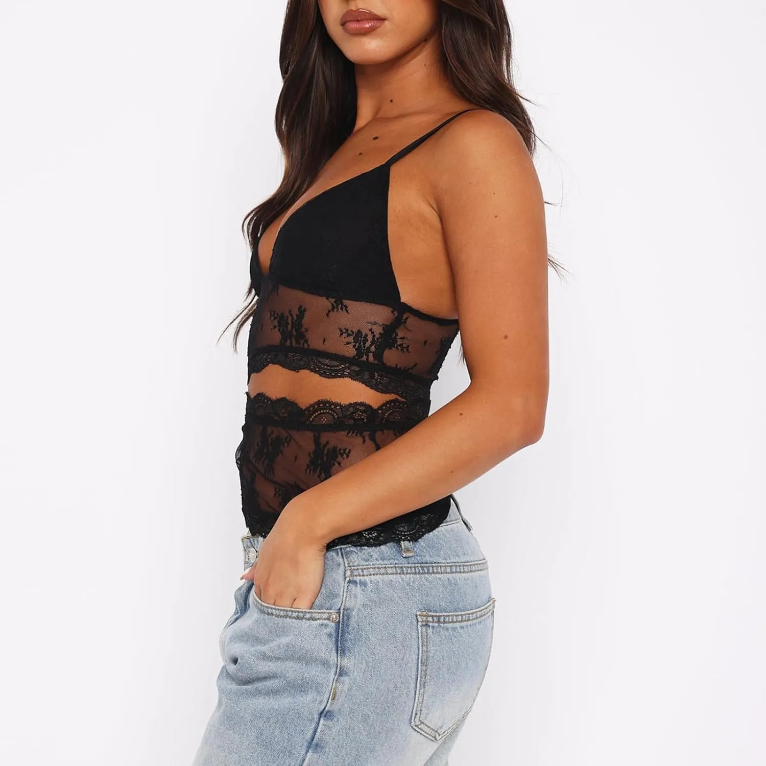 Women Y2K Lace Cami Crop Top Sleeveless Backless Spaghetti Strap Slim Tank Tops Sexy Mesh Floral Lace Camisoles