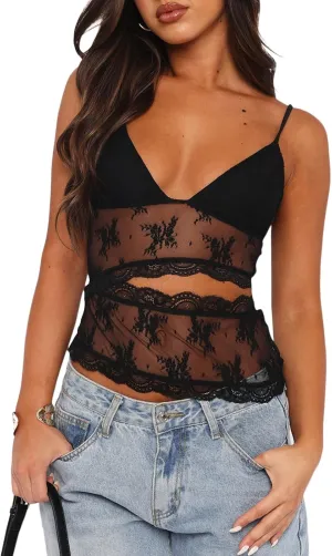 Women Y2K Lace Cami Crop Top Sleeveless Backless Spaghetti Strap Slim Tank Tops Sexy Mesh Floral Lace Camisoles