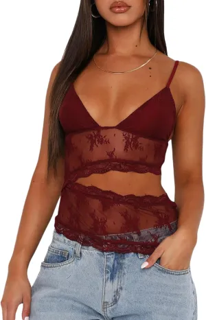 Women Y2K Lace Cami Crop Top Sleeveless Backless Spaghetti Strap Slim Tank Tops Sexy Mesh Floral Lace Camisoles