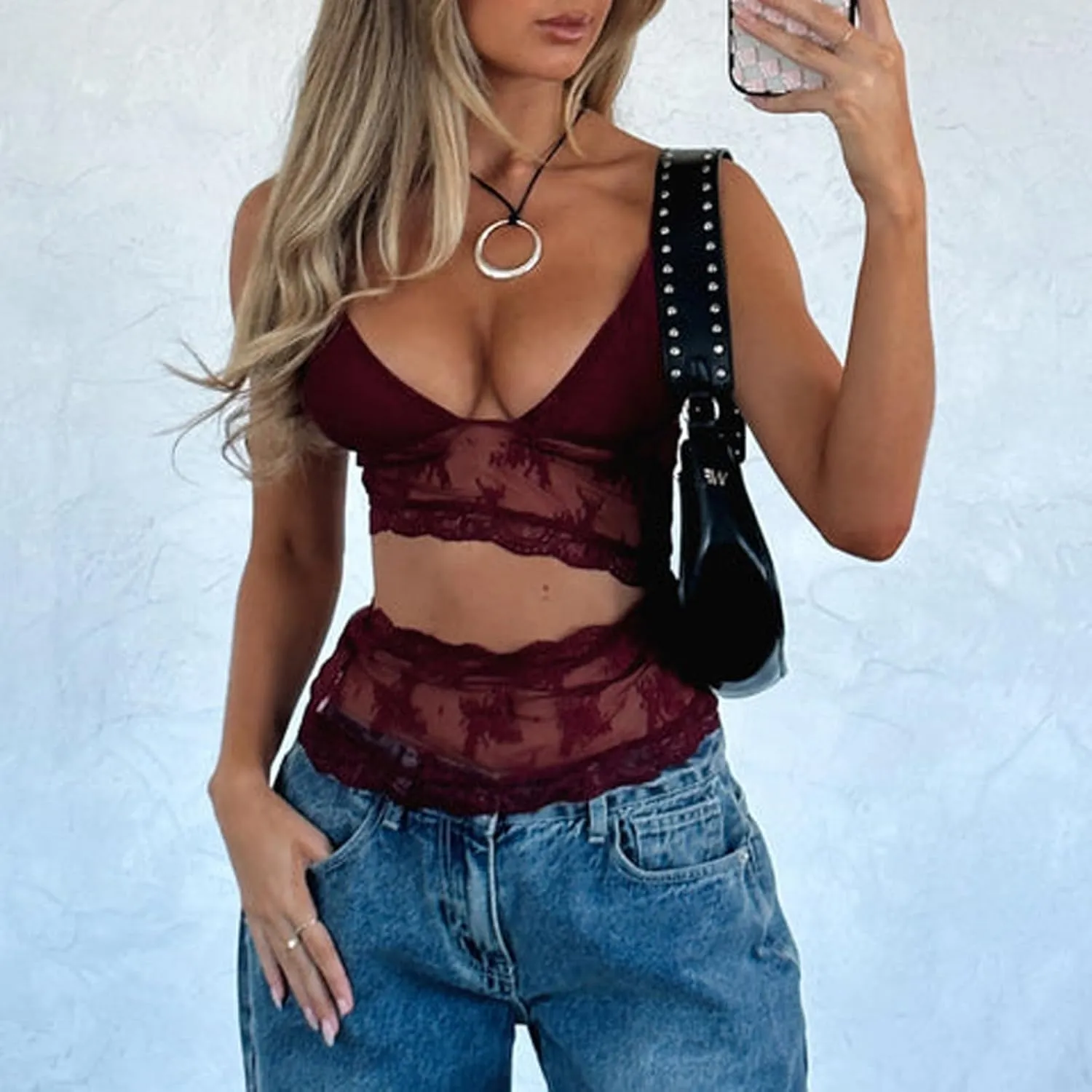 Women Y2K Lace Cami Crop Top Sleeveless Backless Spaghetti Strap Slim Tank Tops Sexy Mesh Floral Lace Camisoles