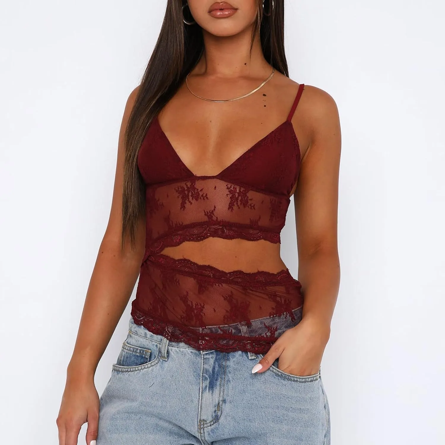 Women Y2K Lace Cami Crop Top Sleeveless Backless Spaghetti Strap Slim Tank Tops Sexy Mesh Floral Lace Camisoles