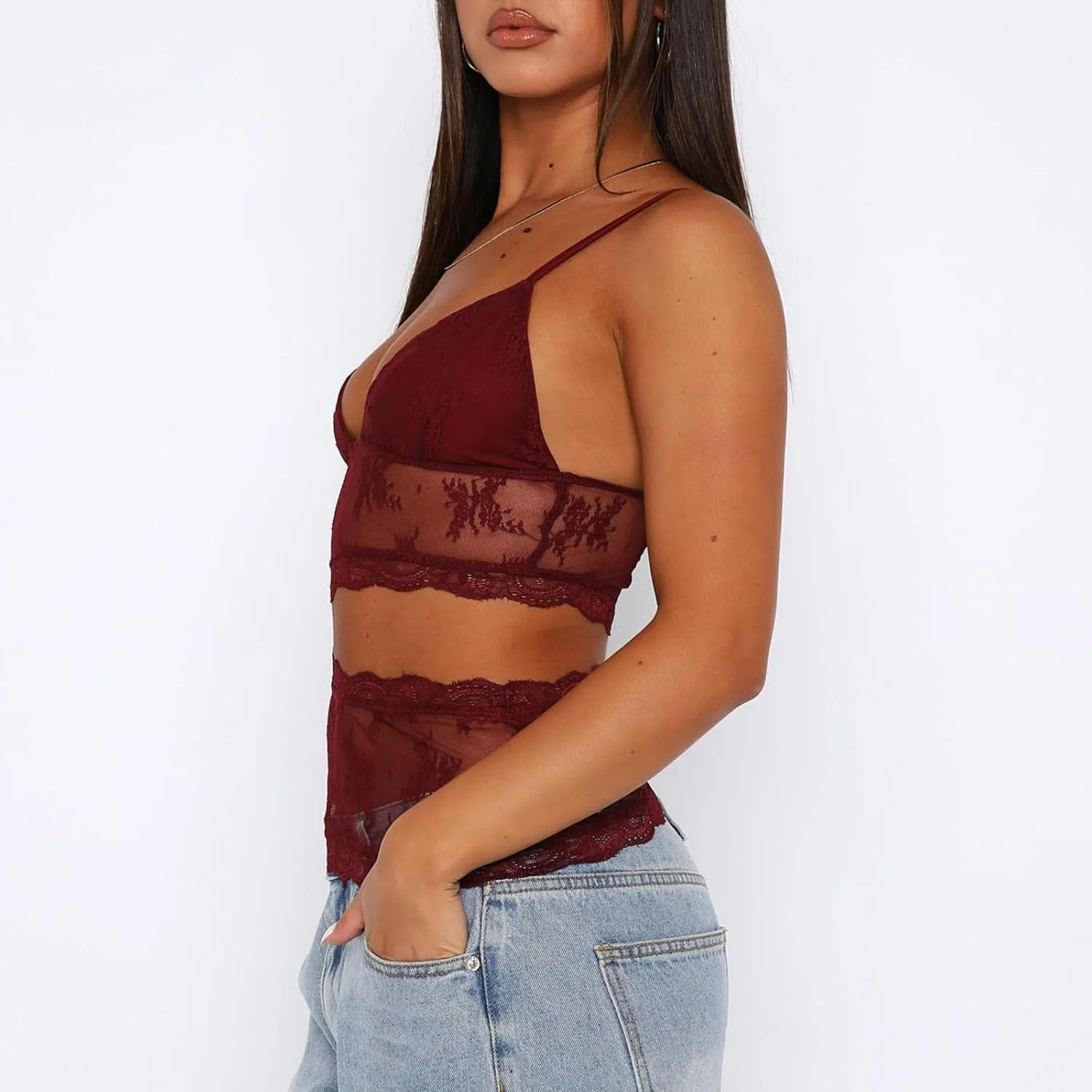 Women Y2K Lace Cami Crop Top Sleeveless Backless Spaghetti Strap Slim Tank Tops Sexy Mesh Floral Lace Camisoles