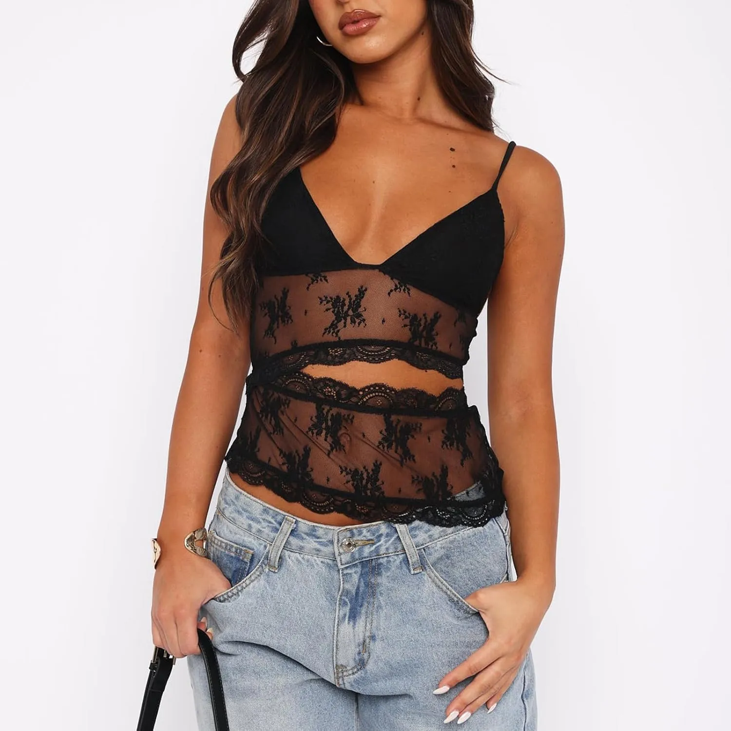 Women Y2K Lace Cami Crop Top Sleeveless Backless Spaghetti Strap Slim Tank Tops Sexy Mesh Floral Lace Camisoles