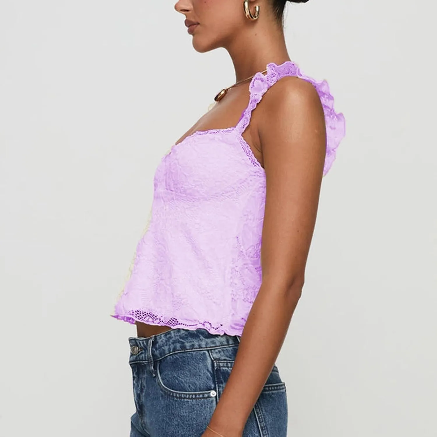 Women Y2k Lace Trim Tank Tops Camisole Spaghetti Strap Square Neck Sleeveless Vintage Going Out Shirts Streetwear