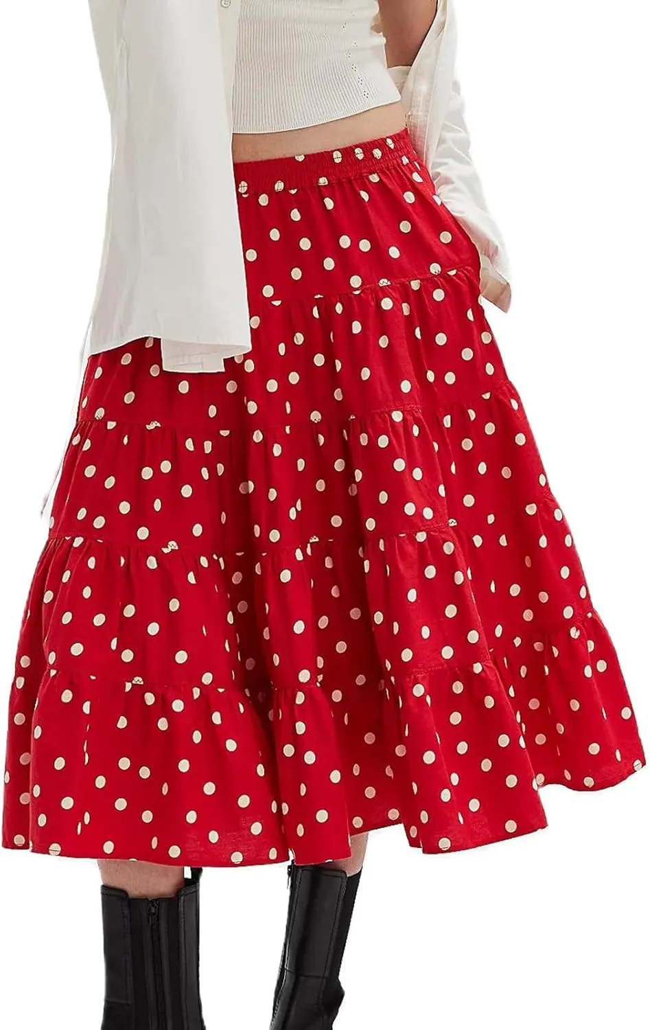 Women Y2K Plaid Maxi Skirt Elastic Waist Tie Up A Line Skirt Ruffle Hem Pleated Polka Dot Long Skirt Streetwear