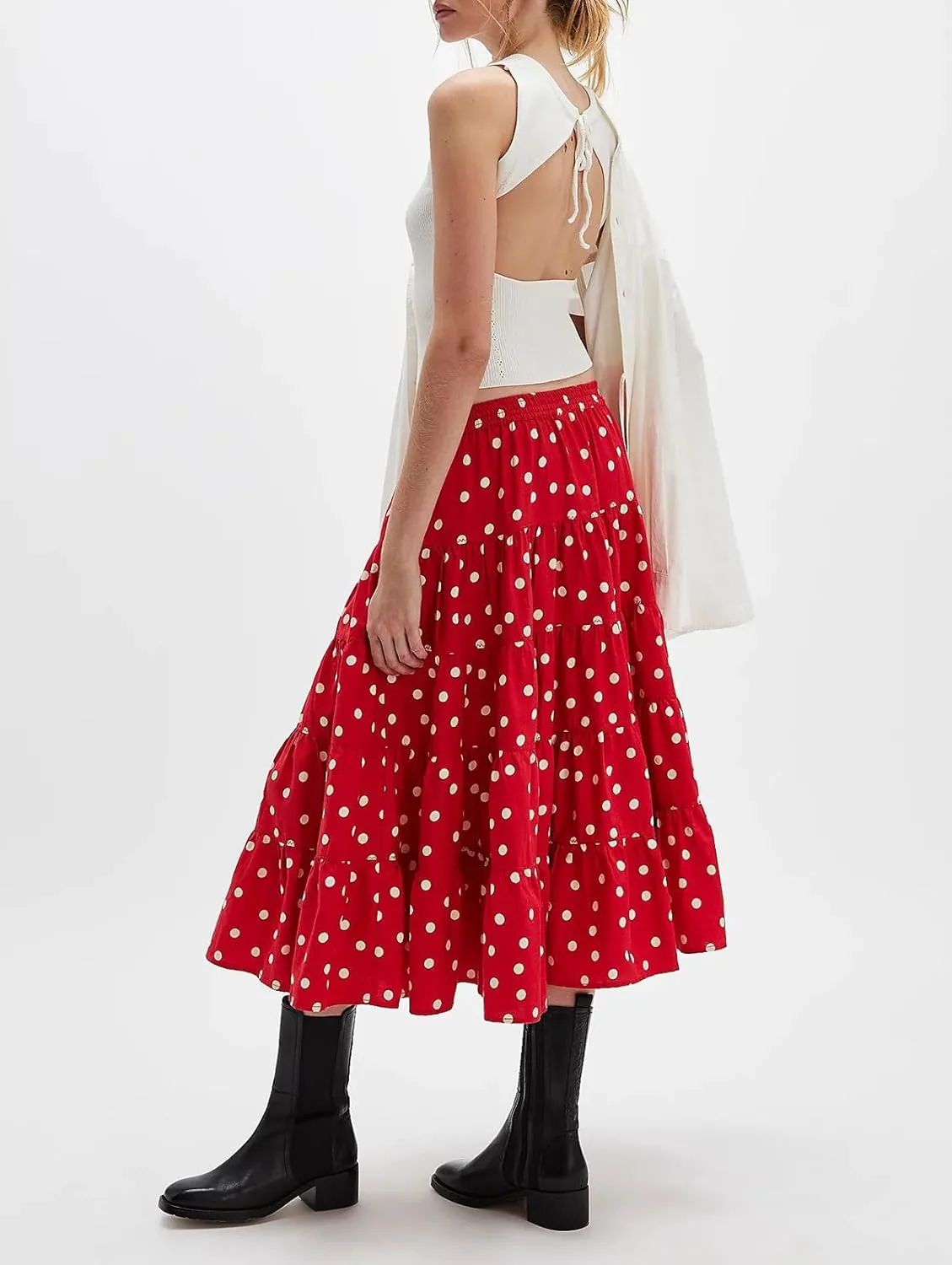 Women Y2K Plaid Maxi Skirt Elastic Waist Tie Up A Line Skirt Ruffle Hem Pleated Polka Dot Long Skirt Streetwear
