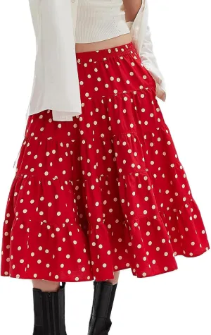 Women Y2K Plaid Maxi Skirt Elastic Waist Tie Up A Line Skirt Ruffle Hem Pleated Polka Dot Long Skirt Streetwear