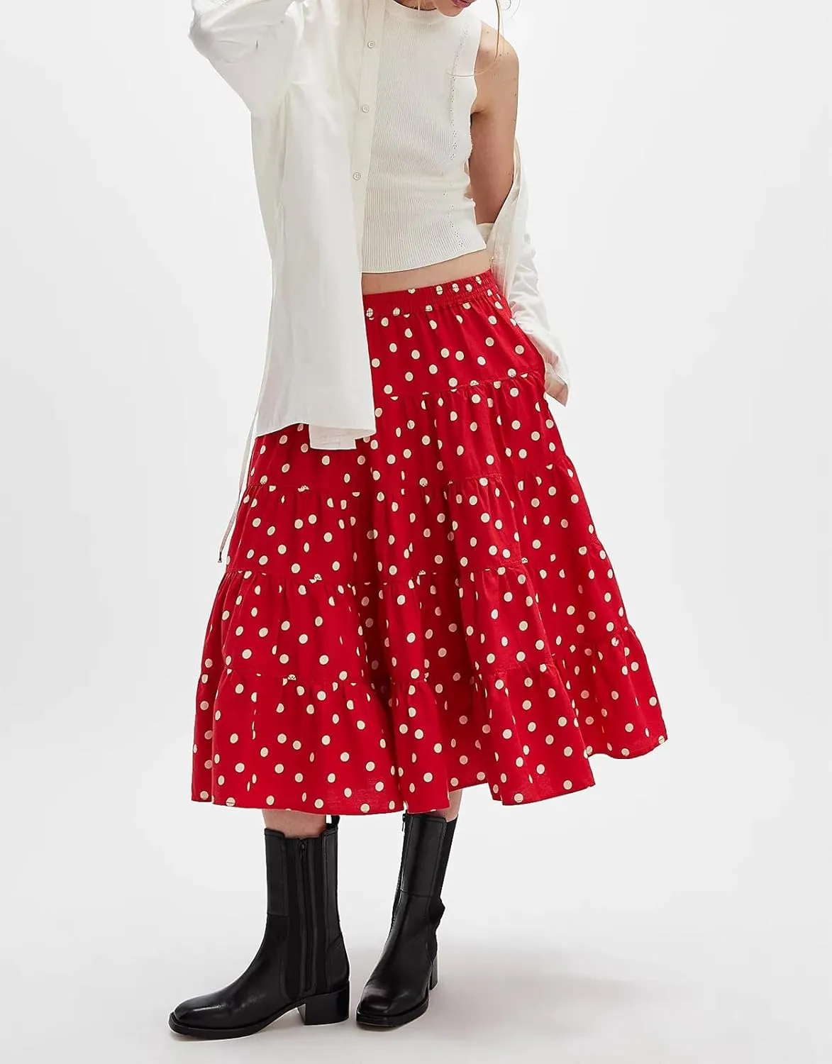 Women Y2K Plaid Maxi Skirt Elastic Waist Tie Up A Line Skirt Ruffle Hem Pleated Polka Dot Long Skirt Streetwear