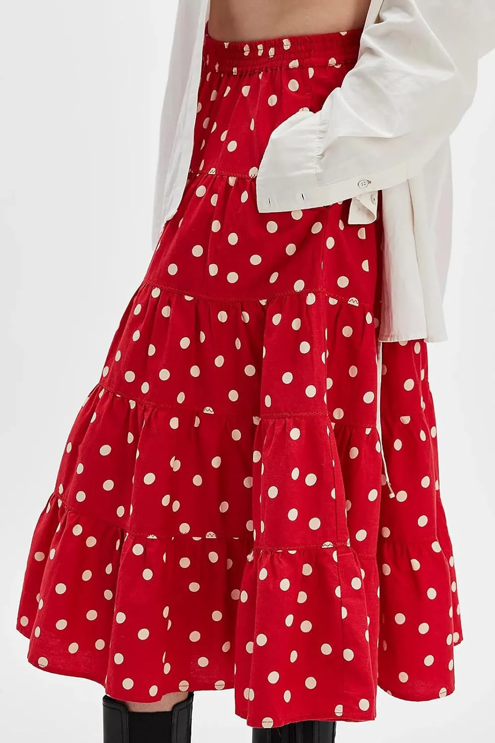 Women Y2K Plaid Maxi Skirt Elastic Waist Tie Up A Line Skirt Ruffle Hem Pleated Polka Dot Long Skirt Streetwear