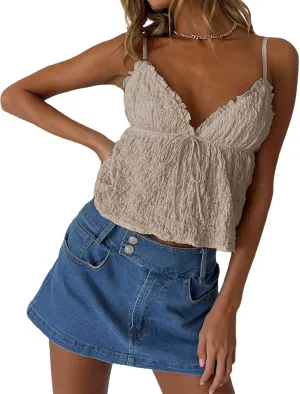 Women Y2K Ruched Camisole Spaghetti Straps V Neck Cami Tops Summer Cute Bow Flowy Tank Tops Streetwear