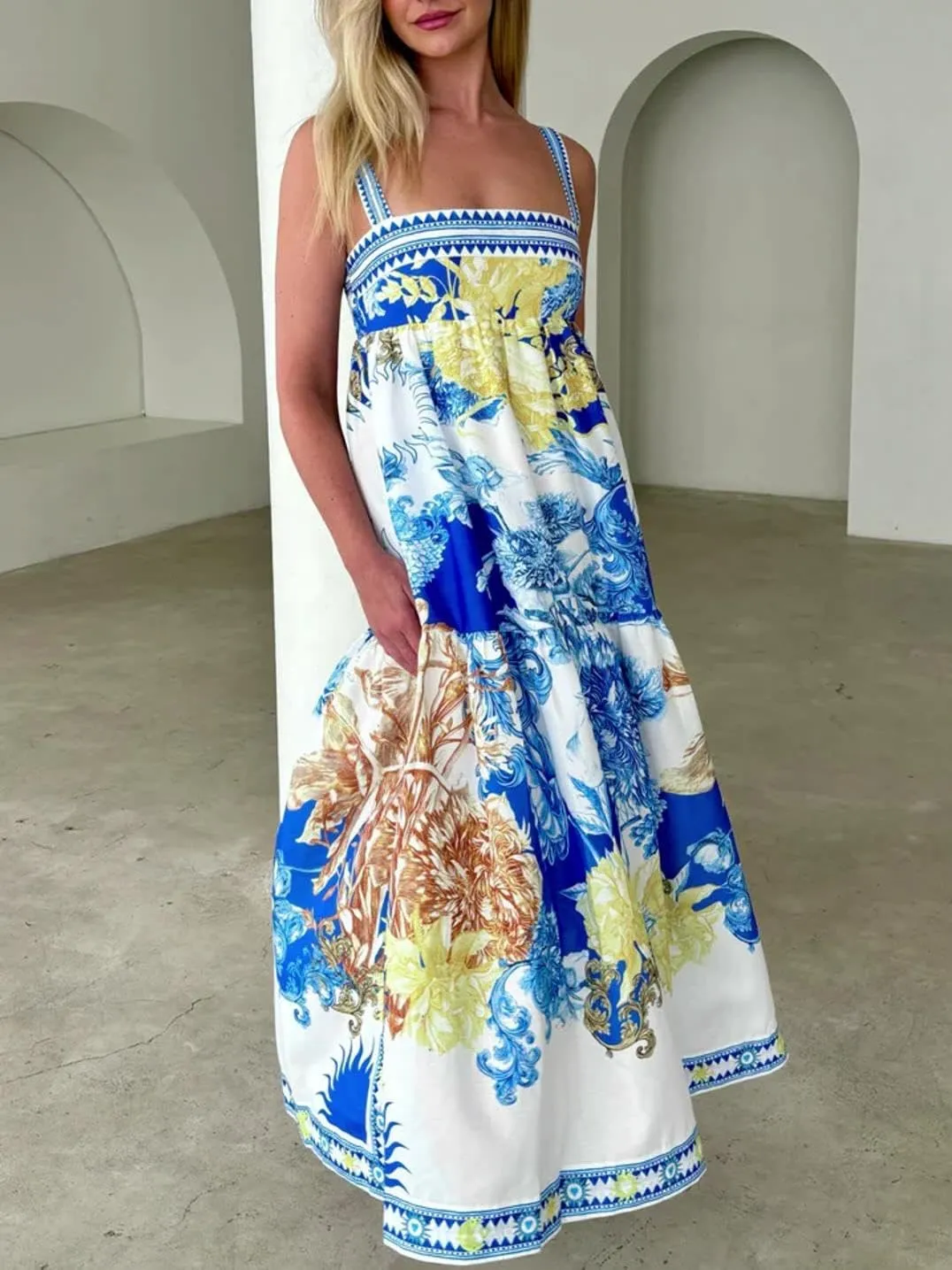 Women Y2k Spaghetti Strap Maxi Dress Boho Floral Print Long Dress Flowy Beach Sundress Summer Streetwear