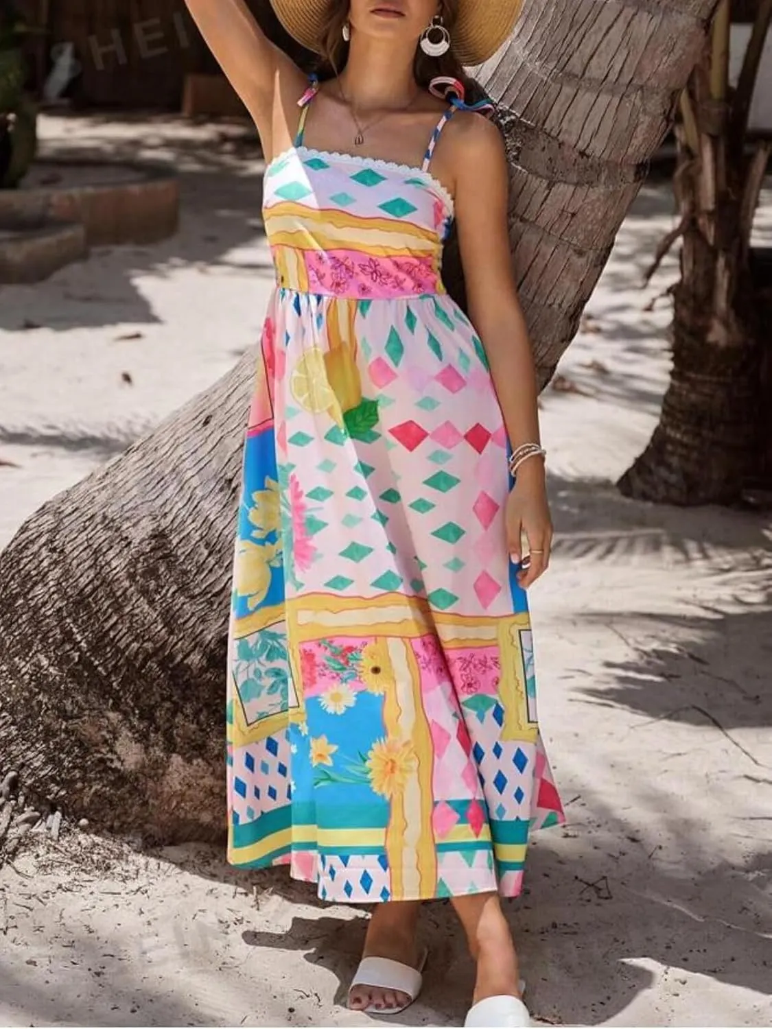 Women Y2k Spaghetti Strap Maxi Dress Boho Floral Print Long Dress Flowy Beach Sundress Summer Streetwear