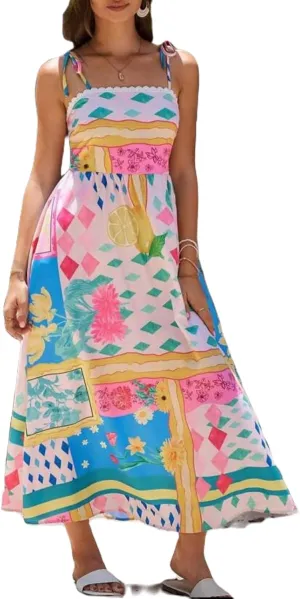 Women Y2k Spaghetti Strap Maxi Dress Boho Floral Print Long Dress Flowy Beach Sundress Summer Streetwear