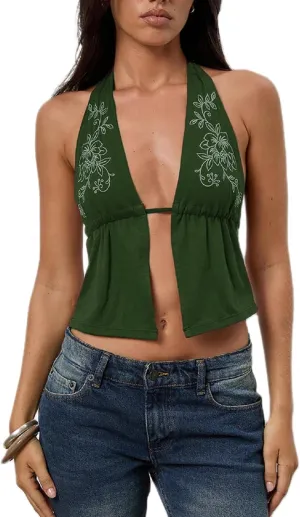 Women Y2k Tie Front Tank Tops V Neck Spaghetti Strap Floral Cami Top Sexy Split Summer Going Out Camisoles