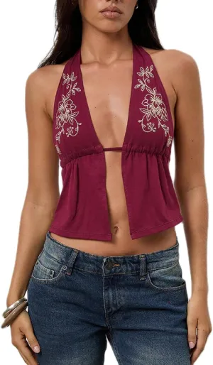 Women Y2k Tie Front Tank Tops V Neck Spaghetti Strap Floral Cami Top Sexy Split Summer Going Out Camisoles