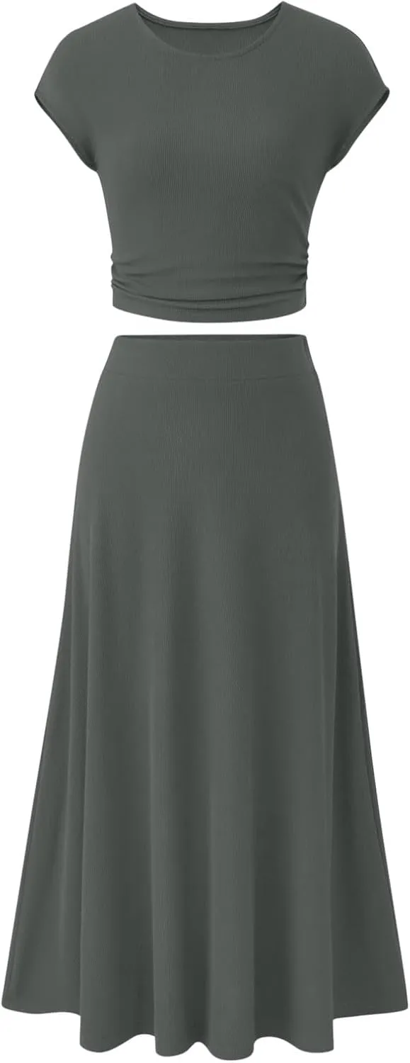 Women's 2 Piece Maxi Skirt Sets Summer Sets Pants Suits Dressy Elegant Long Sleeve Outfits High Waisted Long Outfit