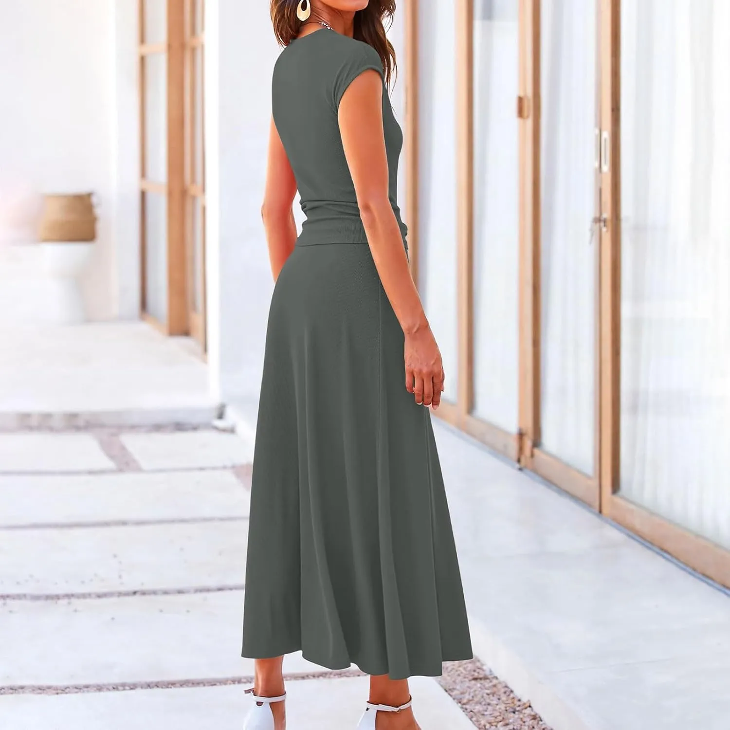 Women's 2 Piece Maxi Skirt Sets Summer Sets Pants Suits Dressy Elegant Long Sleeve Outfits High Waisted Long Outfit