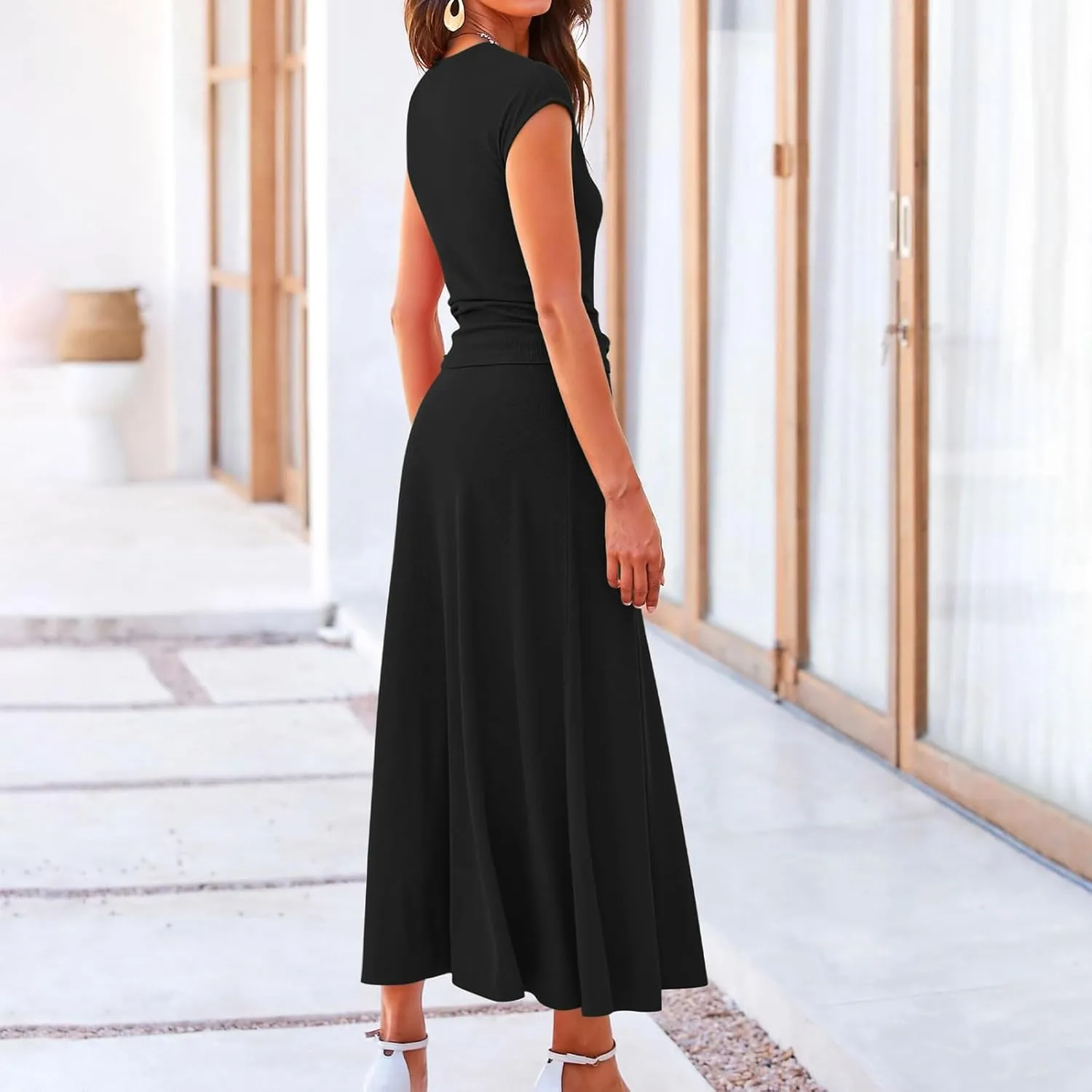 Women's 2 Piece Maxi Skirt Sets Summer Sets Pants Suits Dressy Elegant Long Sleeve Outfits High Waisted Long Outfit