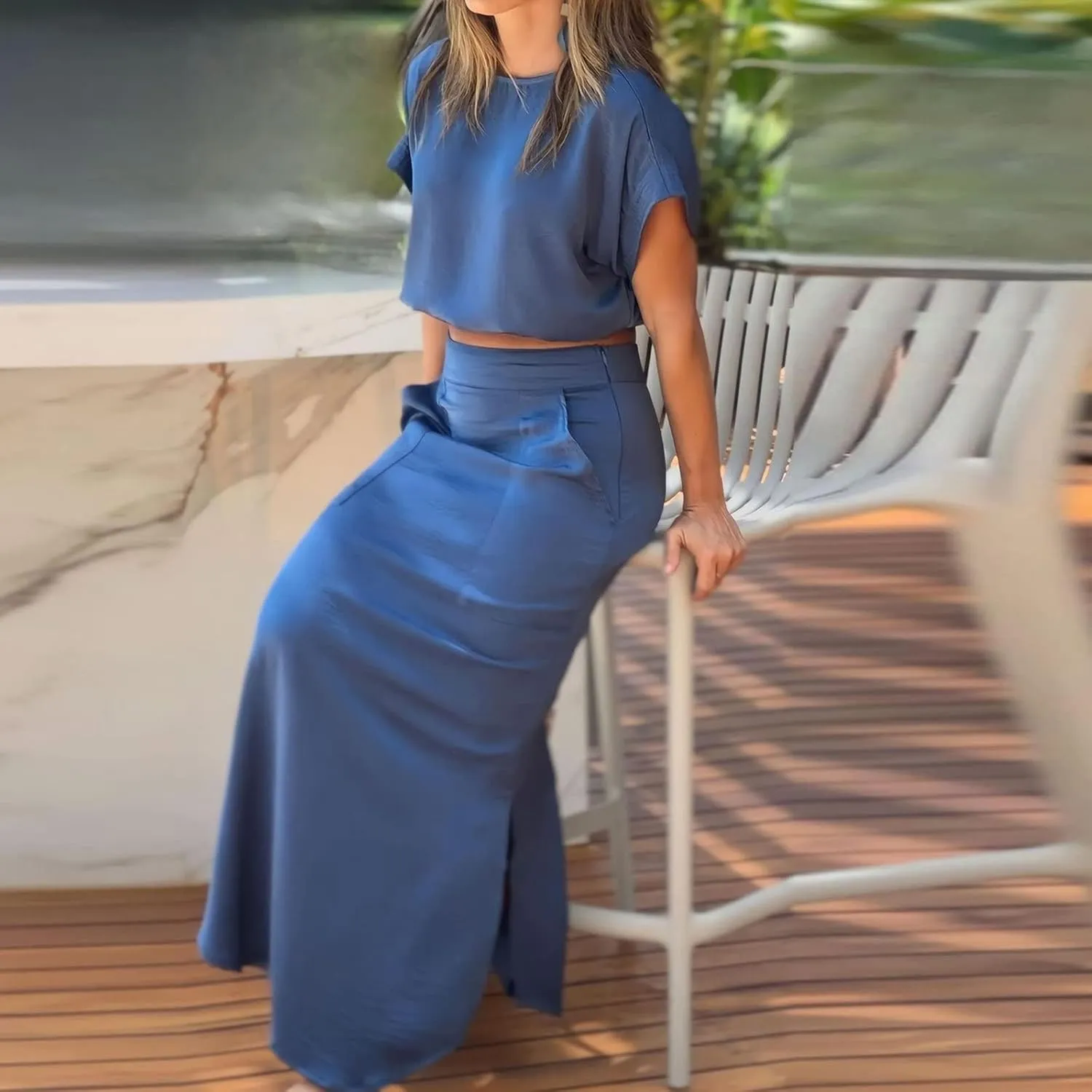Womens 2 Piece Outfits Summer Short Sleeve Crew Neck Crop Tops Elastic Waist Split Hem Maxi Skirts Set with Pockets