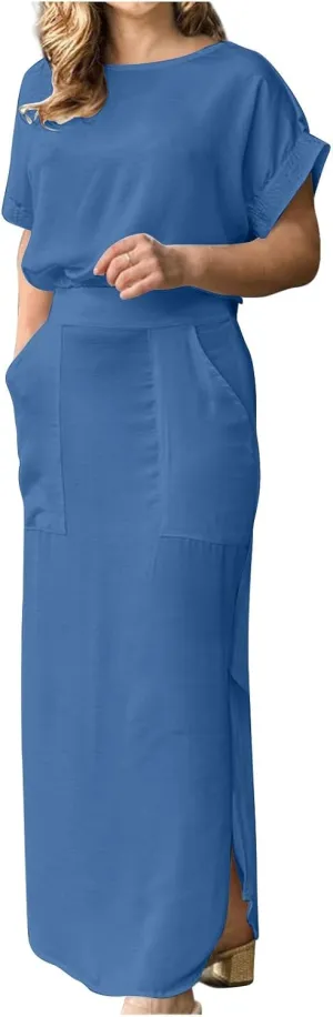 Womens 2 Piece Outfits Summer Short Sleeve Crew Neck Crop Tops Elastic Waist Split Hem Maxi Skirts Set with Pockets