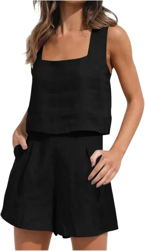 Women's 2 Piece Sets Linen Tank Cropped Tops Matching Lounge Shorts Sets for Women Summer Two Piece Outfits Pajamas
