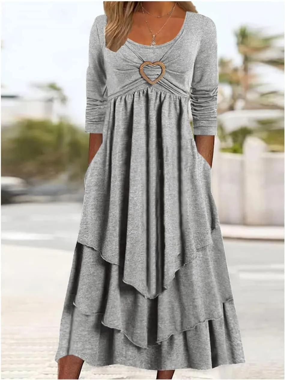 Womens 2024 Fall Dresses for Wedding Guest Casual Plus Size Cute Heart Long Sleeve Tiered Maxi Dress with Pockets