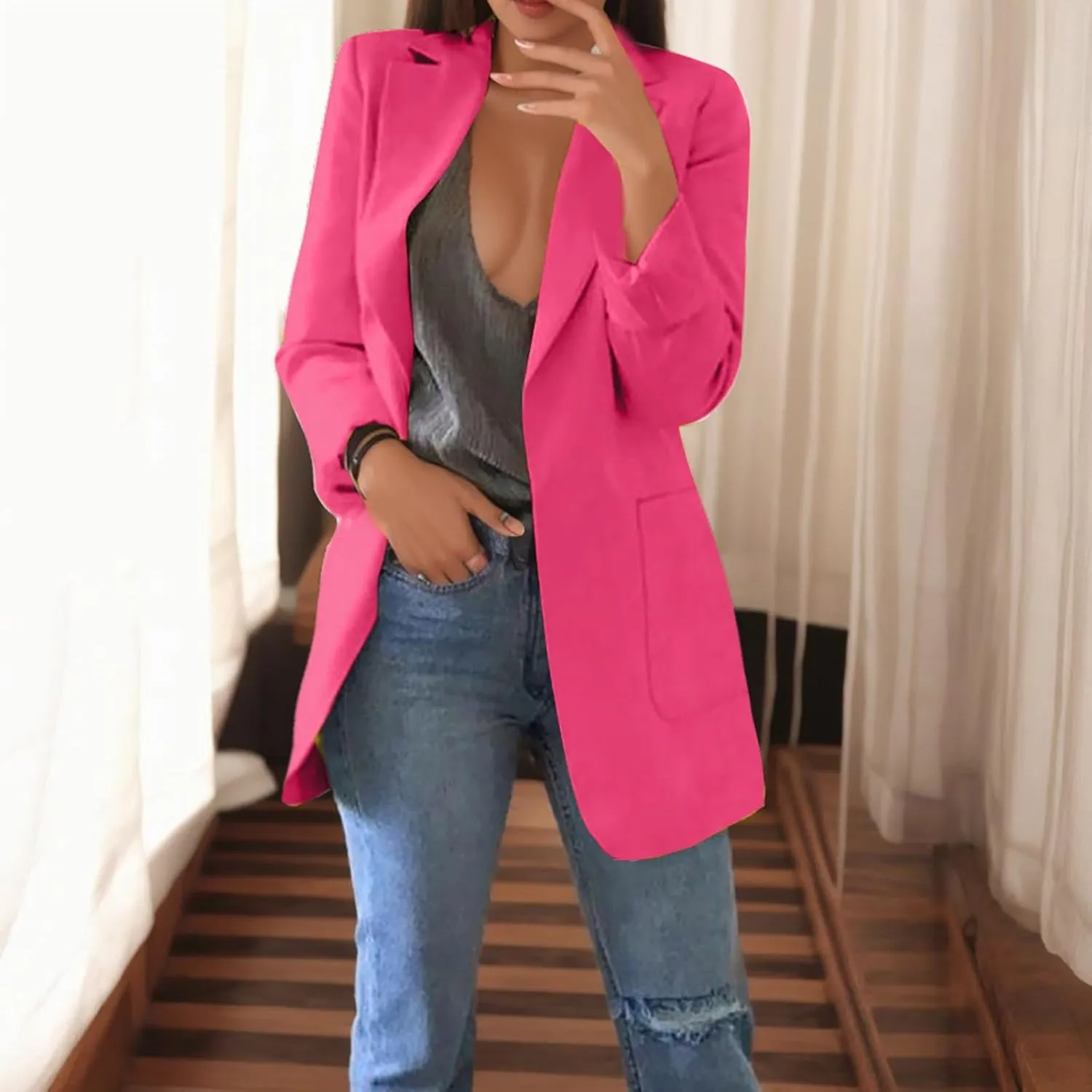 Womens 2024 Fashion Solid Overcoat Open Front Long Sleeve Outwear Lightweight Loose Oversized Jacket Coat Work Clothes