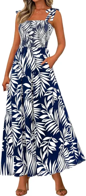 Women's 2025 Summer Floral Boho Maxi Dress Square Neck Strapped Tiered Casual Flowy Long Beach Vacation Dresses