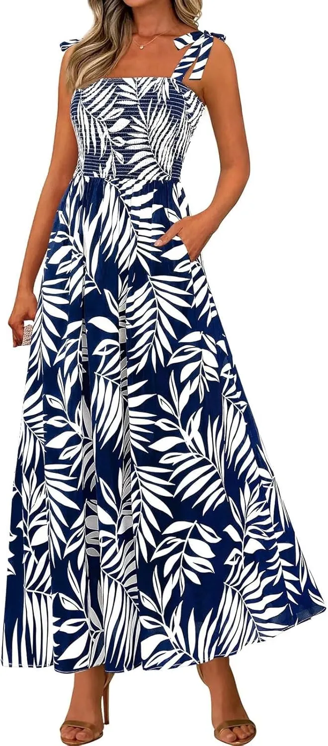 Women's 2025 Summer Floral Boho Maxi Dress Square Neck Strapped Tiered Casual Flowy Long Beach Vacation Dresses