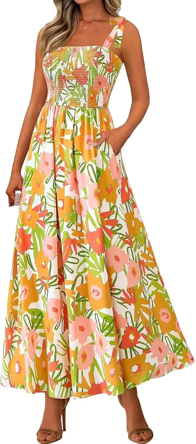 Women's 2025 Summer Floral Boho Maxi Dress Square Neck Strapped Tiered Casual Flowy Long Beach Vacation Dresses
