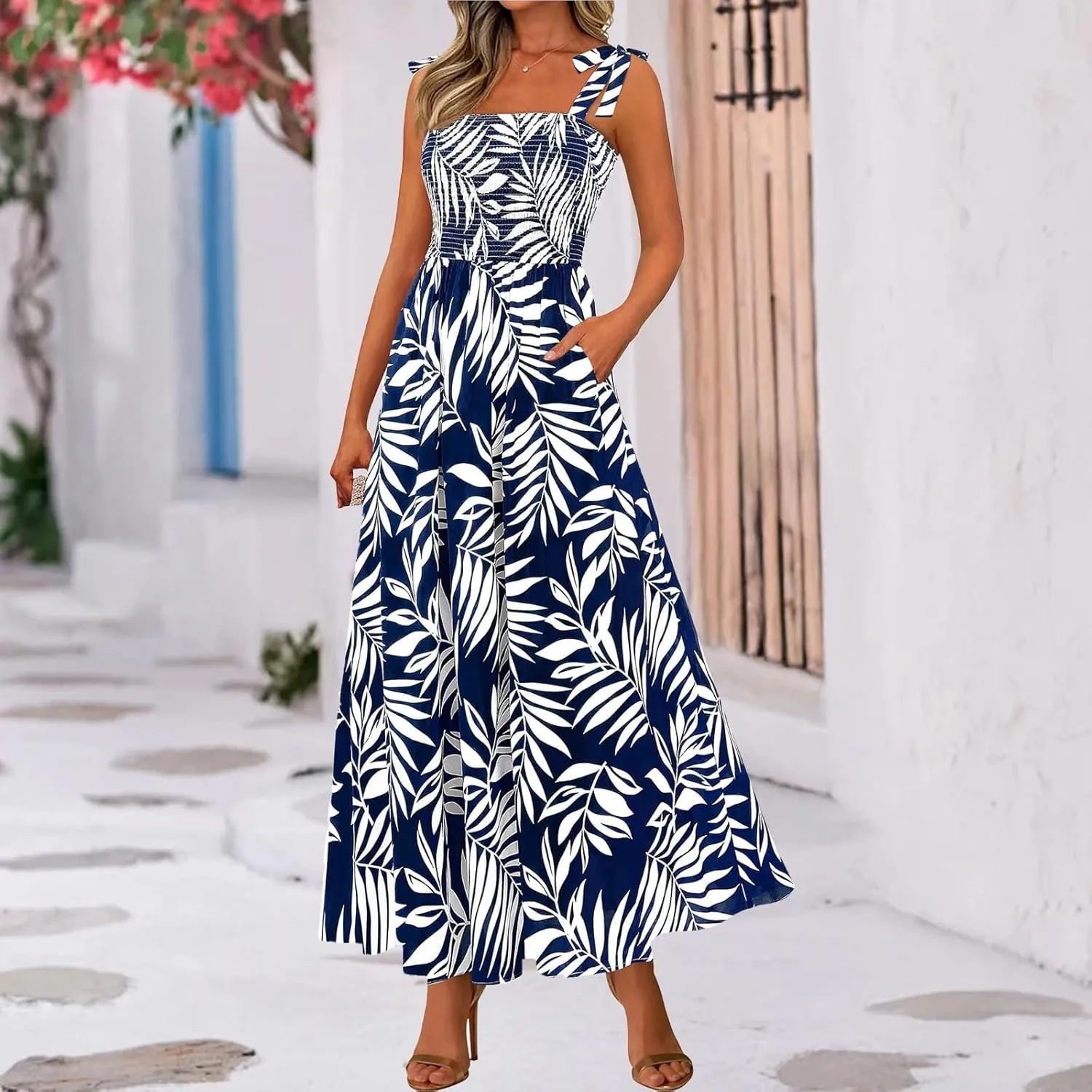 Women's 2025 Summer Floral Boho Maxi Dress Square Neck Strapped Tiered Casual Flowy Long Beach Vacation Dresses