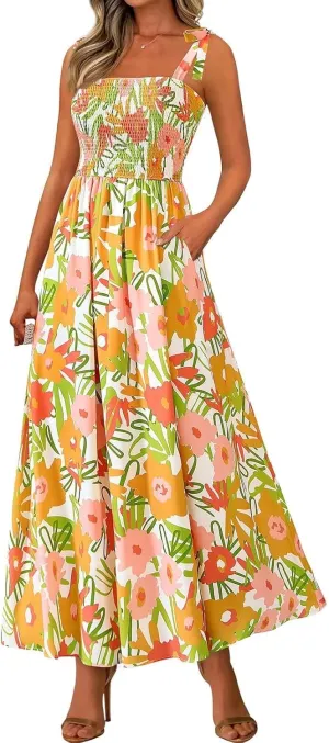 Women's 2025 Summer Floral Boho Maxi Dress Square Neck Strapped Tiered Casual Flowy Long Beach Vacation Dresses