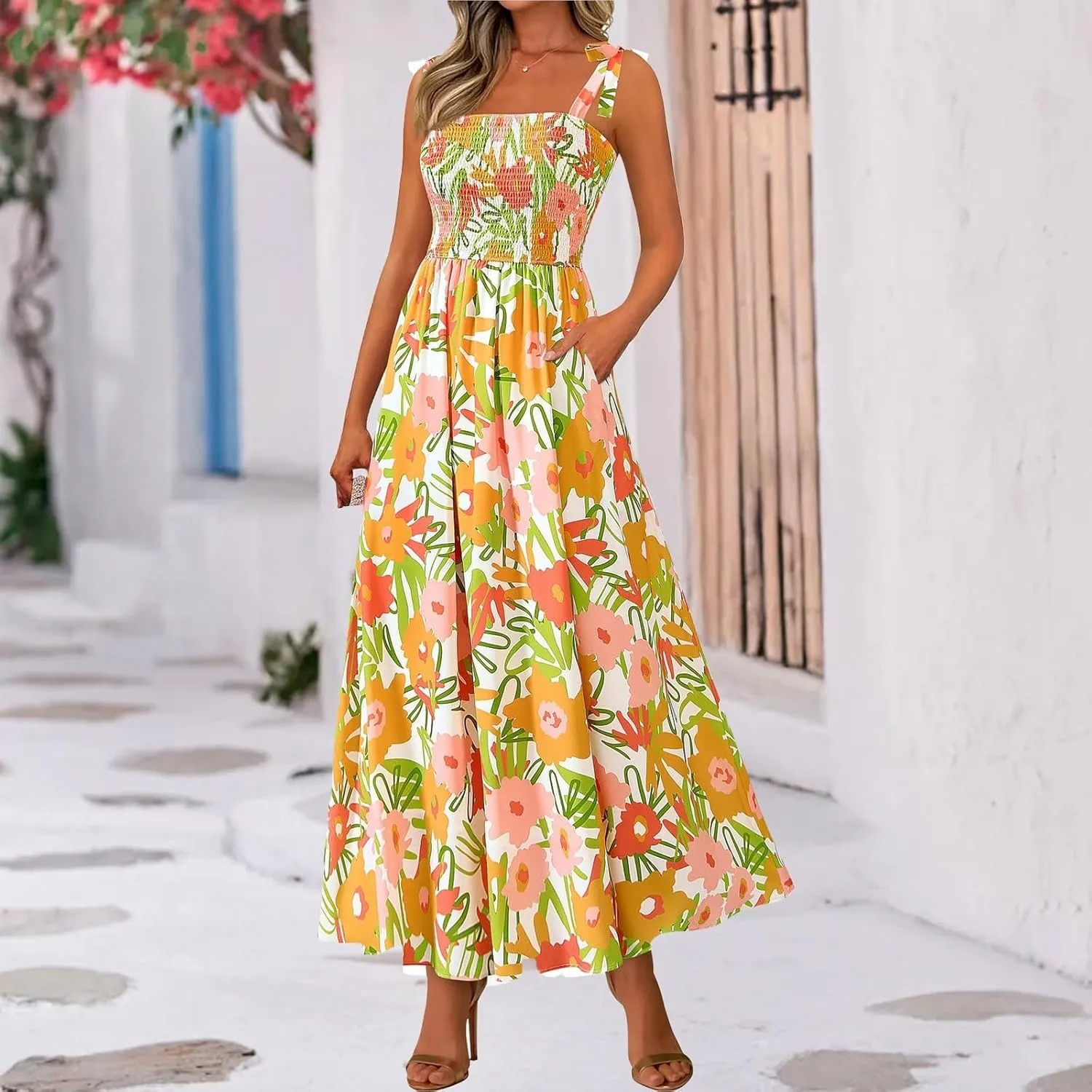 Women's 2025 Summer Floral Boho Maxi Dress Square Neck Strapped Tiered Casual Flowy Long Beach Vacation Dresses