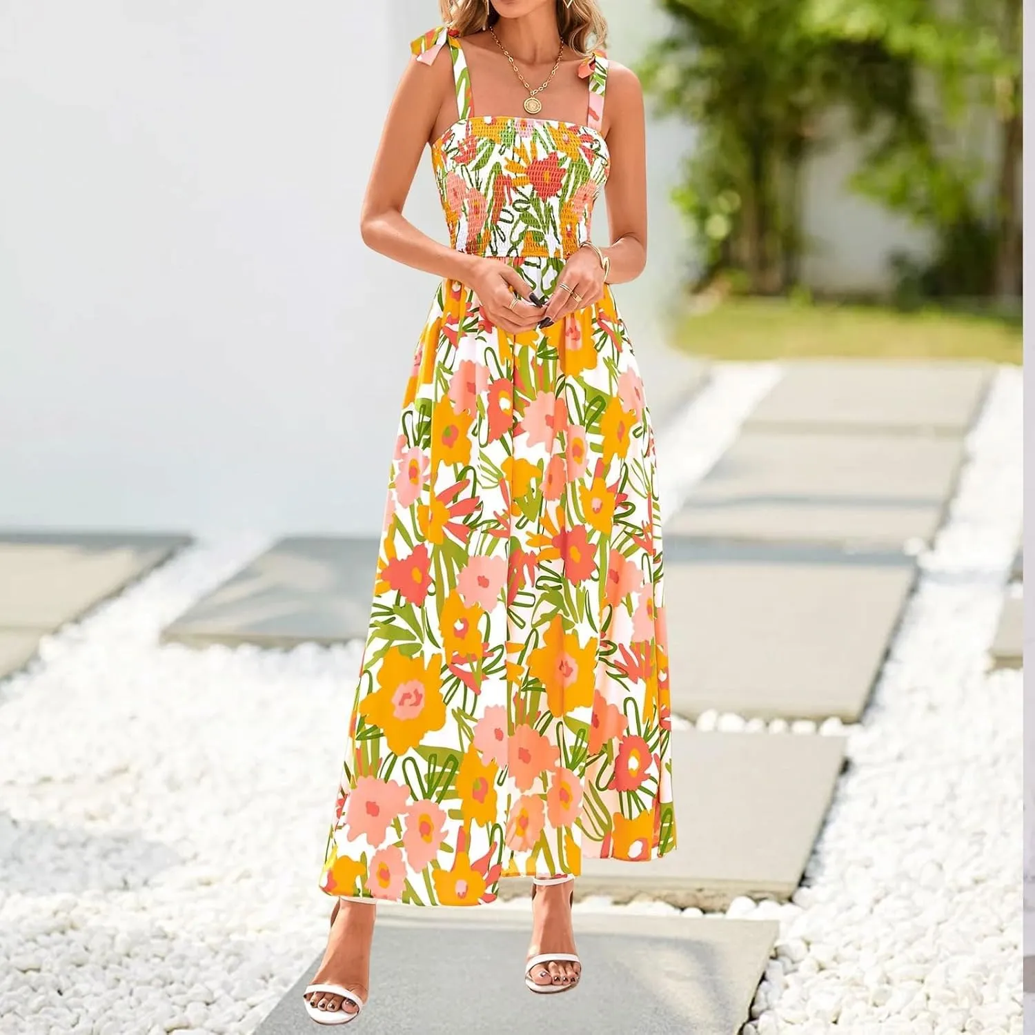 Women's 2025 Summer Floral Boho Maxi Dress Square Neck Strapped Tiered Casual Flowy Long Beach Vacation Dresses
