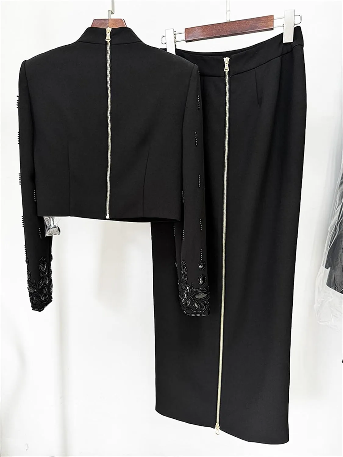 Women's 2pcs Suit Set Stand Collar Zip Back Cropped Tops Long Skirt Set