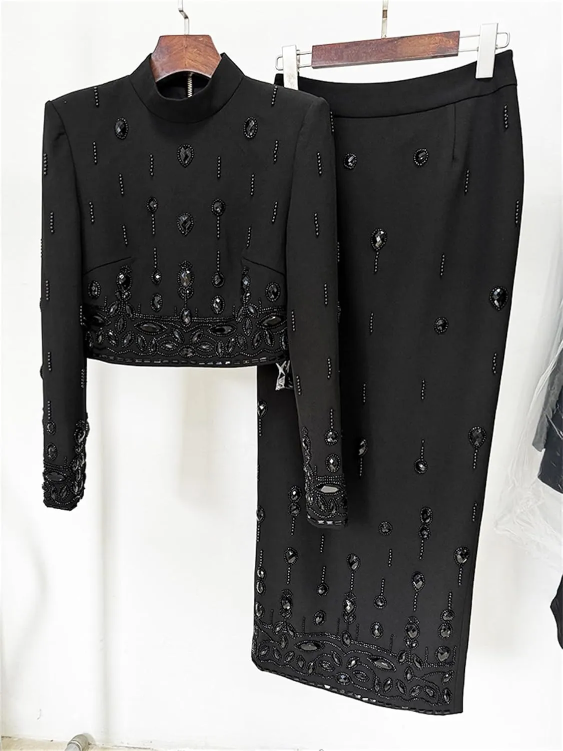 Women's 2pcs Suit Set Stand Collar Zip Back Cropped Tops Long Skirt Set