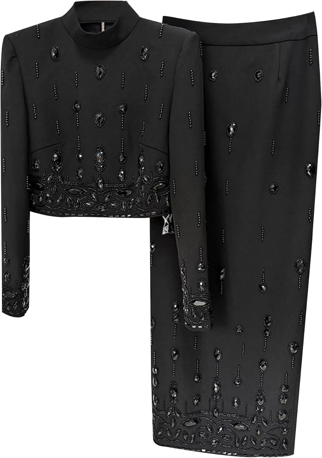 Women's 2pcs Suit Set Stand Collar Zip Back Cropped Tops Long Skirt Set