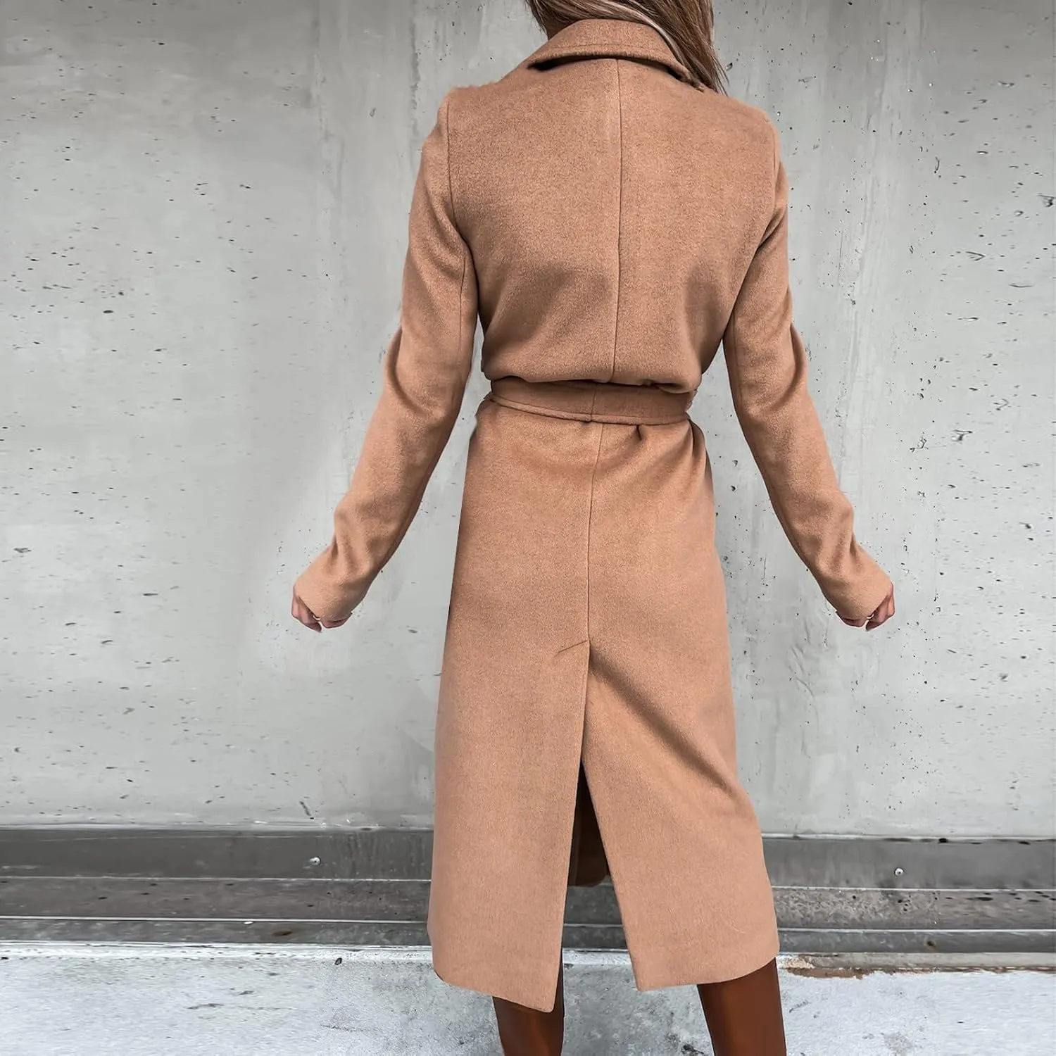 Women's 3/4 Length Trench Coat with Belt Winter Open Front Woolen Jacket Long Cardigan Notch Lapel Outwear