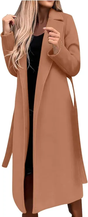 Women's 3/4 Length Trench Coat with Belt Winter Open Front Woolen Jacket Long Cardigan Notch Lapel Outwear