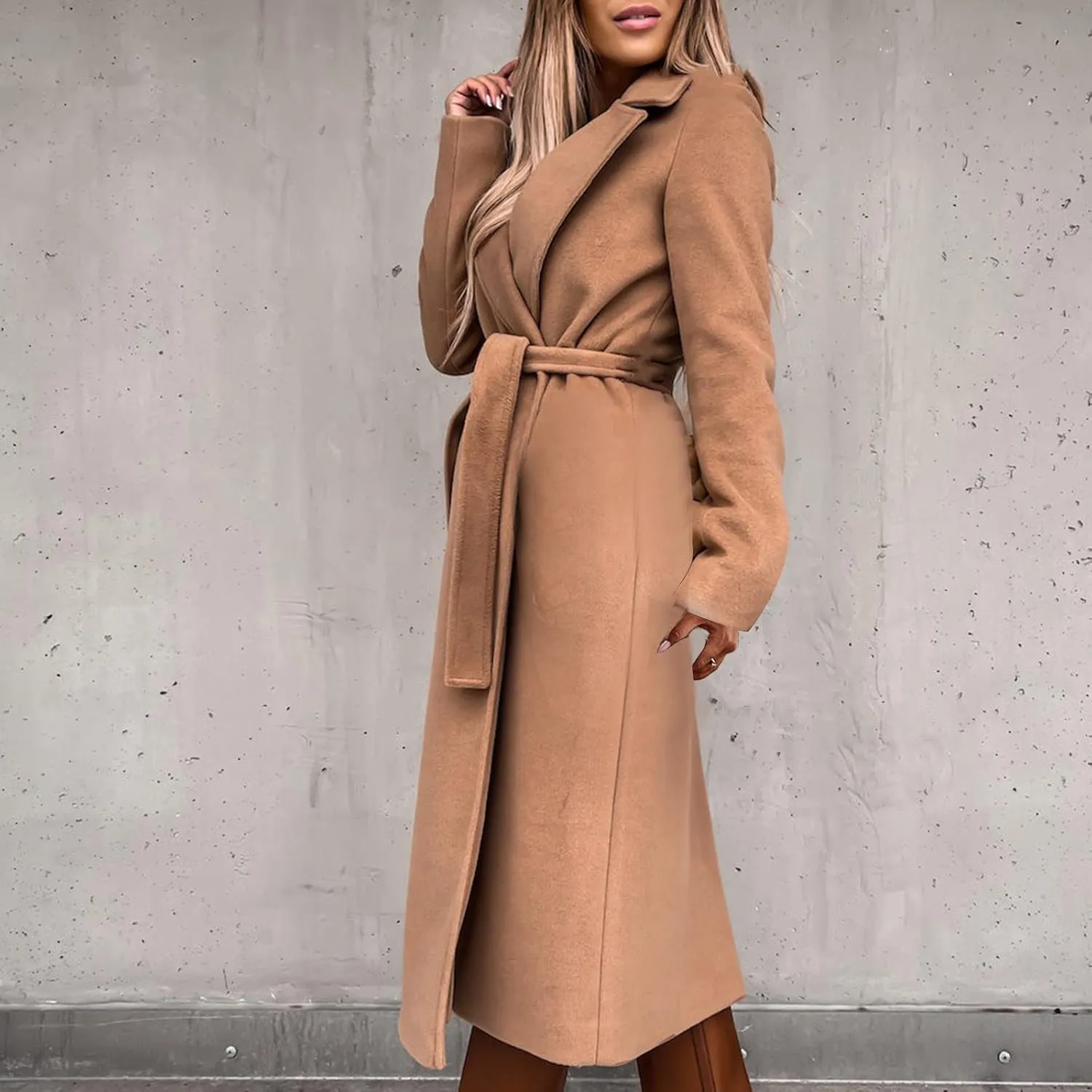Women's 3/4 Length Trench Coat with Belt Winter Open Front Woolen Jacket Long Cardigan Notch Lapel Outwear