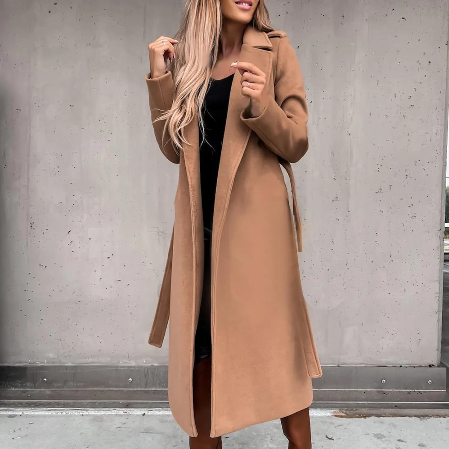 Women's 3/4 Length Trench Coat with Belt Winter Open Front Woolen Jacket Long Cardigan Notch Lapel Outwear